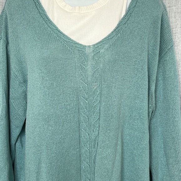 Coldwater Creek Pullover Sweater Blue Centre Cable Knit Size L Scoop Neck Linen - Picture 3 of 7